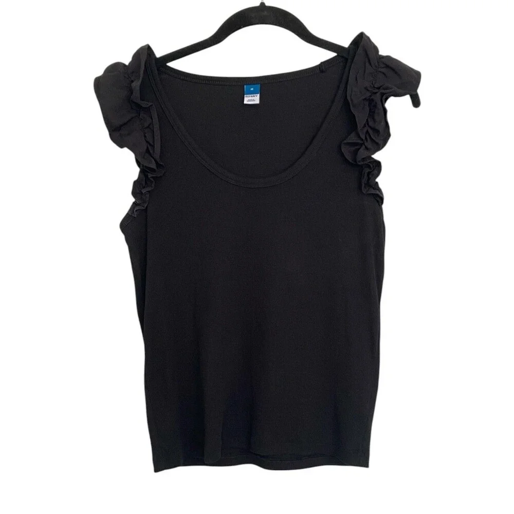 Old Navy Women’s Medium Ribbed Ruffle Sleeve Tank Bundle Black & Olive Green - Picture 3 of 16